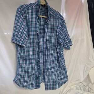 Croft & Barrow Blue and Green Plaid Short-Sleeve Button-Down Shirt-XXL TALL